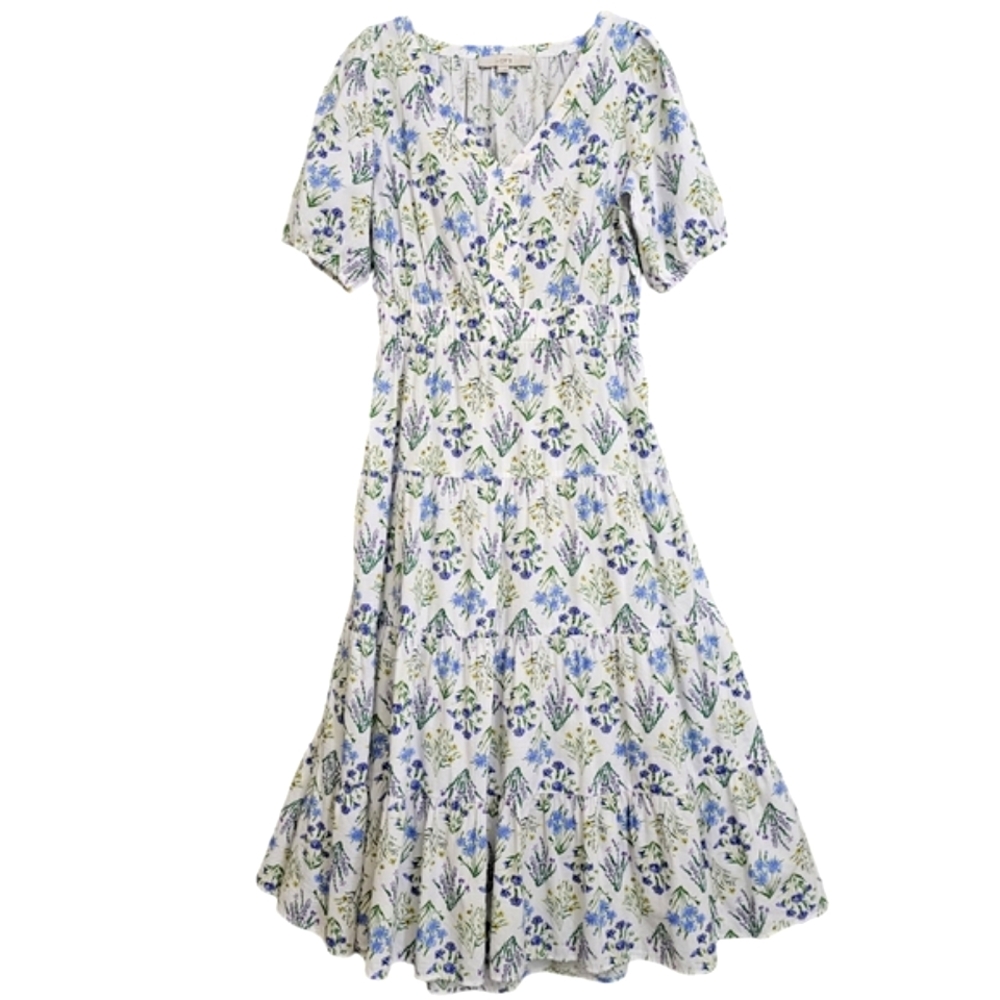 LOFT White /Blue/Lavender Nwot Floral Puffed Sleeve Back Cutout Tier Midi Dress